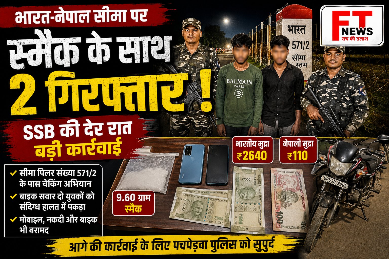 SSB ने भारत-नेपाल सीमा पर दो युवकों को स्मैक के साथ पकड़ा, बाइक और मोबाइल भी बरामद